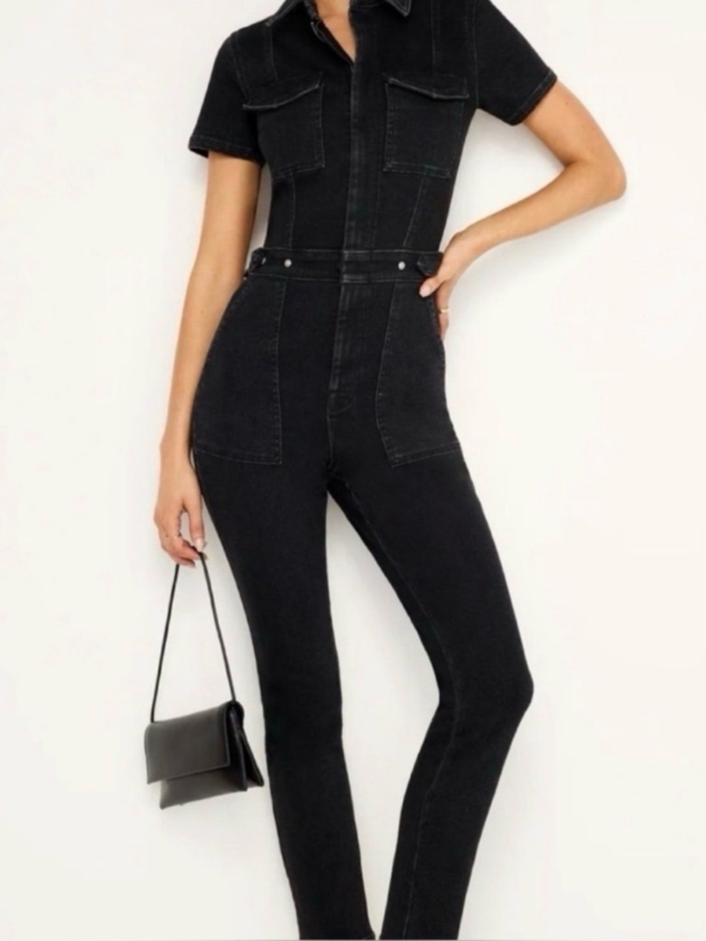 Good American Black Short‑Sleeve High‑Waist  Jeans Jumpsuit